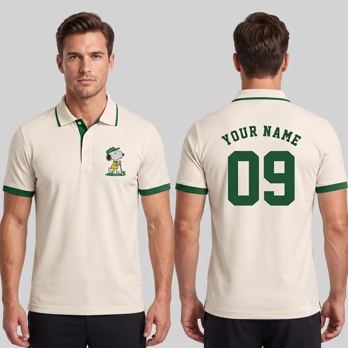 Custom Name Number Polo Shirt, Personalized Men’s Jersey Polo, Cream Green Casual Golf Shirt, Birthday Team Gift