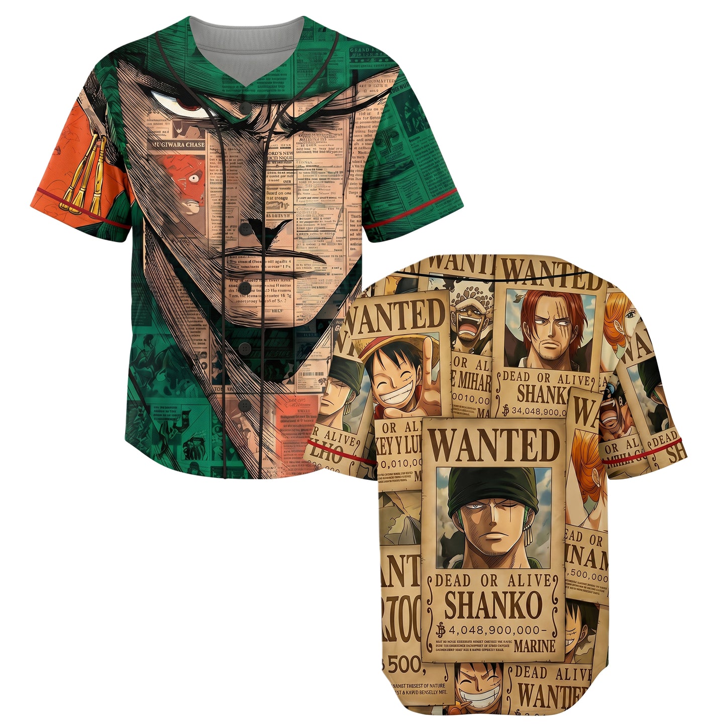 Green Beige Authentic Baseball Jersey, Anime Swordsman Inspired Button Up Jersey, Manga Fan Cosplay Sports Shirt