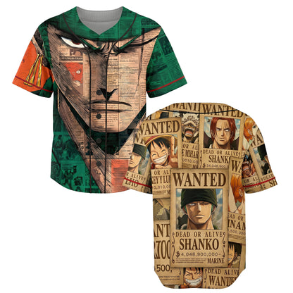 Green Beige Authentic Baseball Jersey, Anime Swordsman Inspired Button Up Jersey, Manga Fan Cosplay Sports Shirt