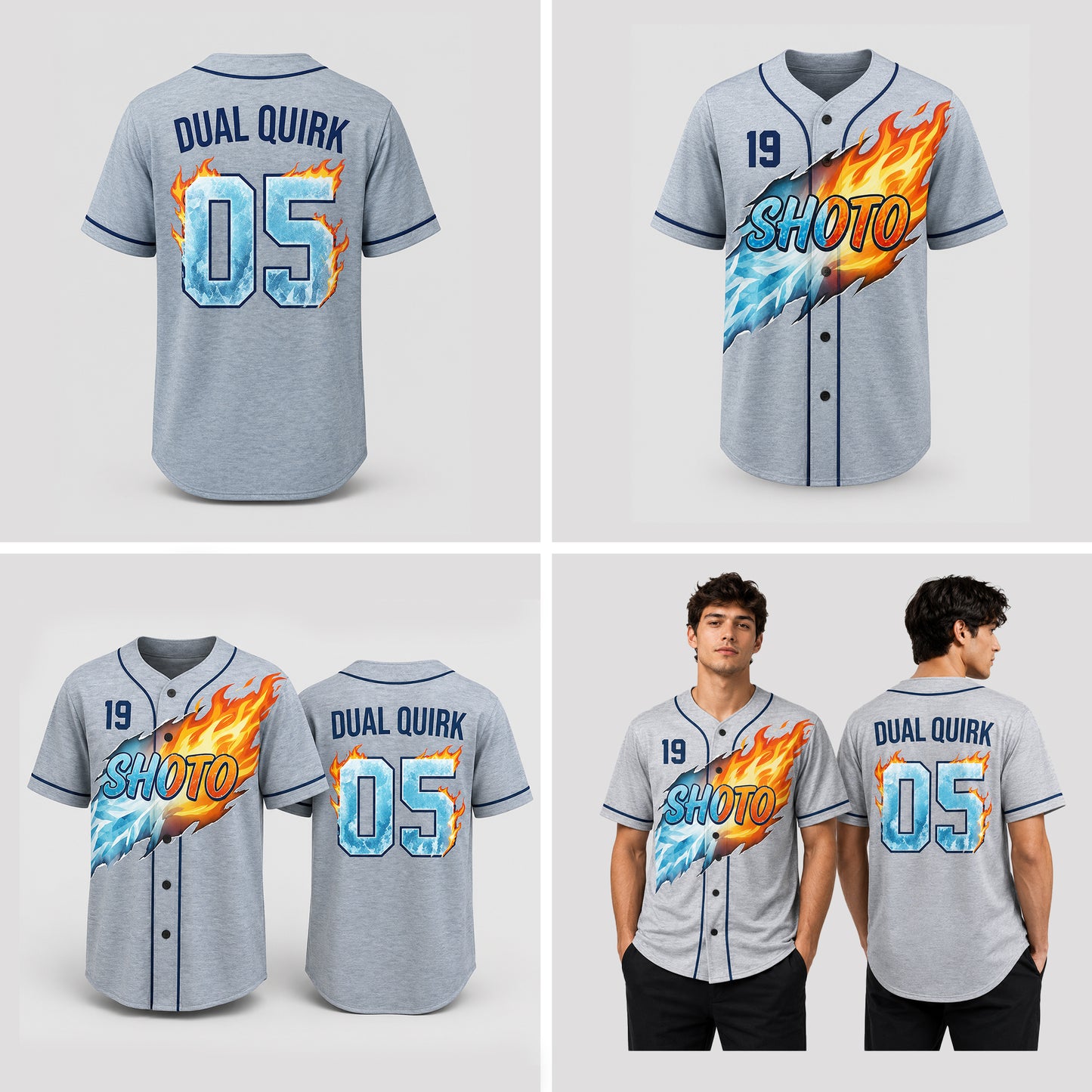 Custom Fire Ice Anime Baseball Jersey, Personalized Name Number Dual Power Hero Shirt