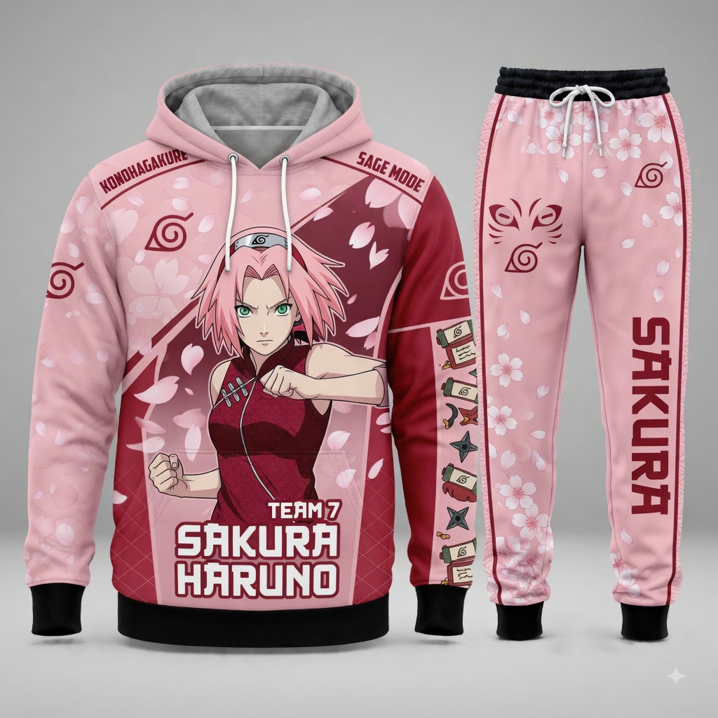 Haruno Sakura Hoodie & Sweatpants Tracksuit Set — Naruto Shippuden Inspired - Custom Fan Apparel Image 4