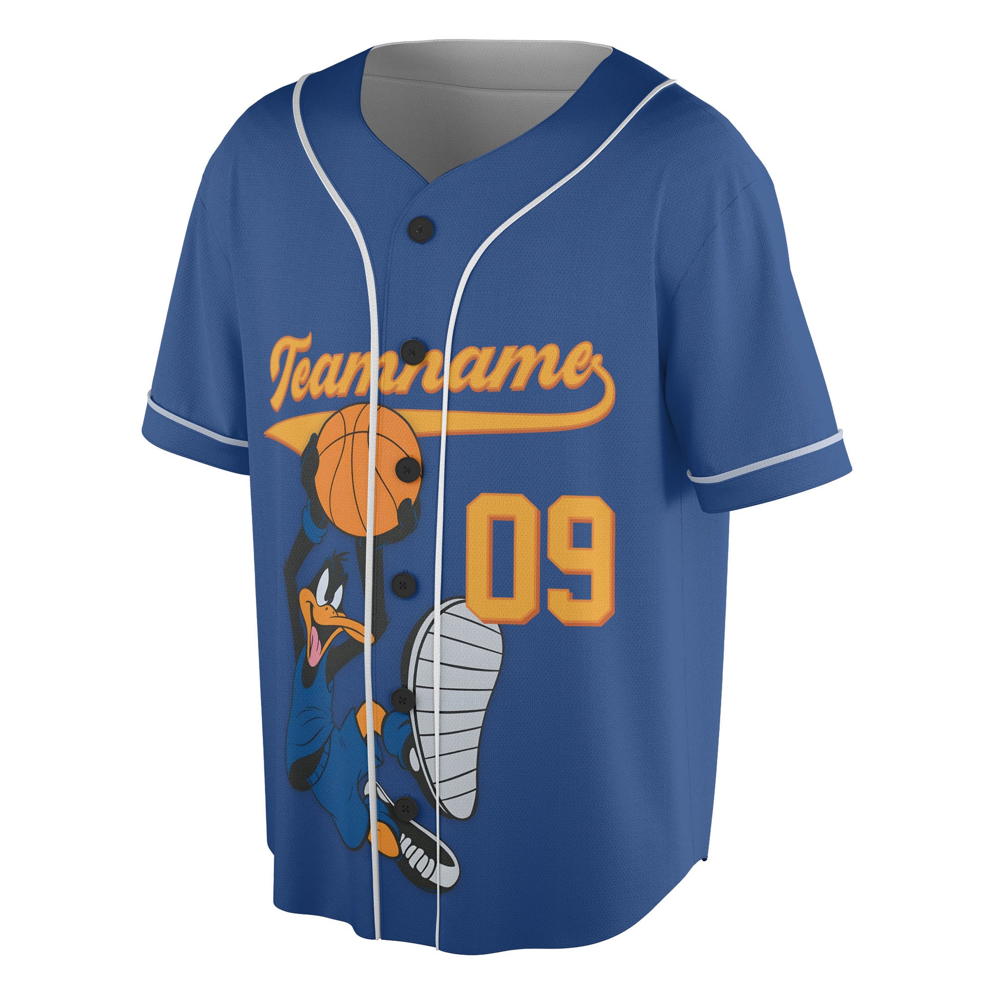 Custom Royal Blue Authentic Baseball Jersey — Cartoon Basketball Duck Button Up Jersey — Retro Sport - Custom Fan Apparel Image 4