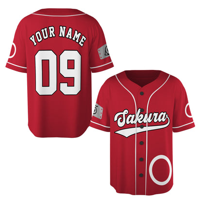 Custom Red White Authentic Baseball Jersey, Anime Ninja Inspired Button Up Jersey, Manga Fan Cosplay Sports Shirt