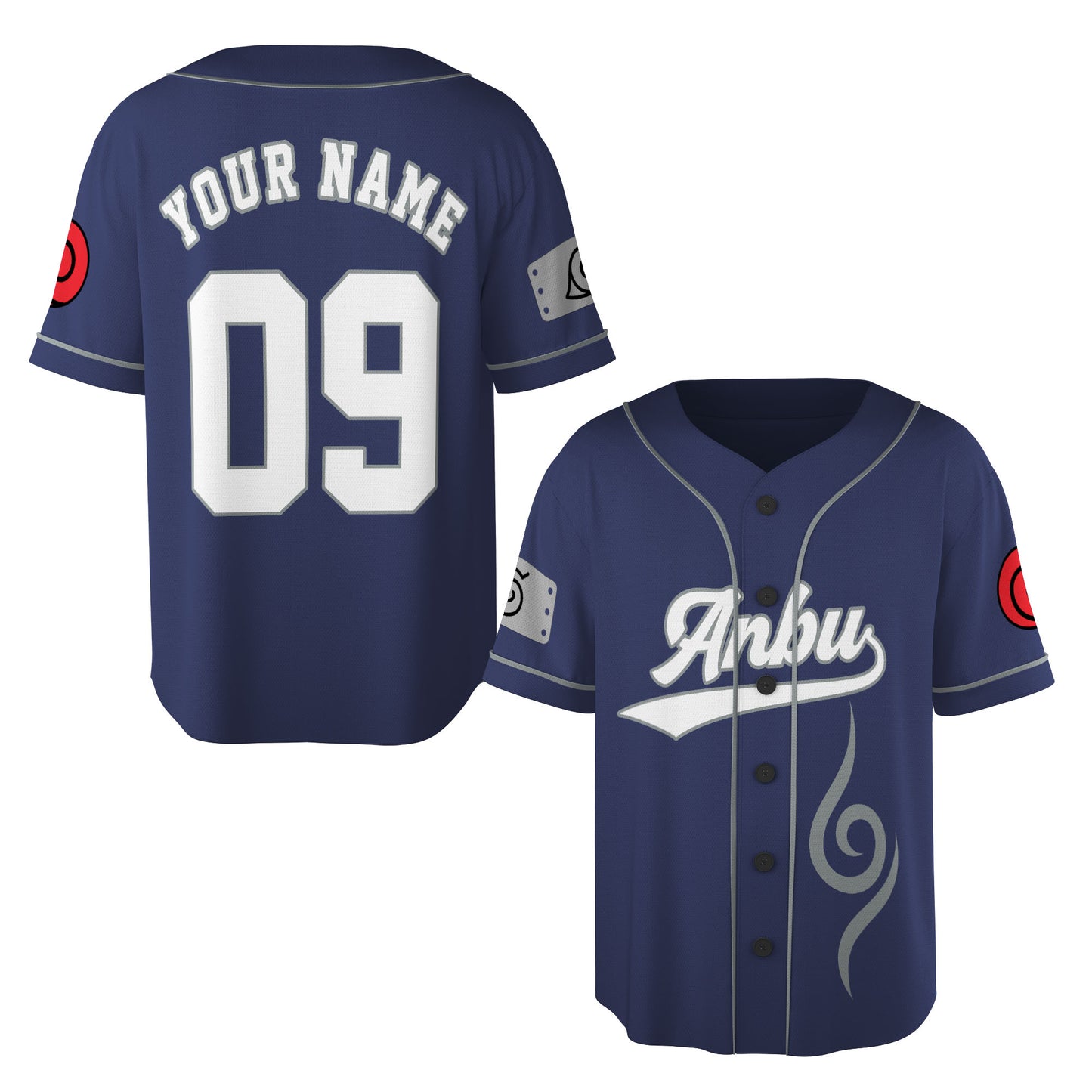 Custom Navy Gray Authentic Baseball Jersey, Anime Ninja Inspired Button Up Jersey, Manga Fan Cosplay Sports Shirt