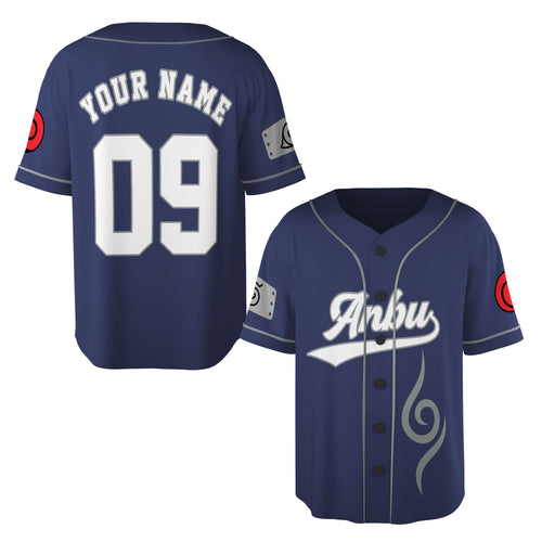 Custom Navy Gray Authentic Baseball Jersey, Anime Ninja Inspired Button Up Jersey, Manga Fan Cosplay Sports Shirt