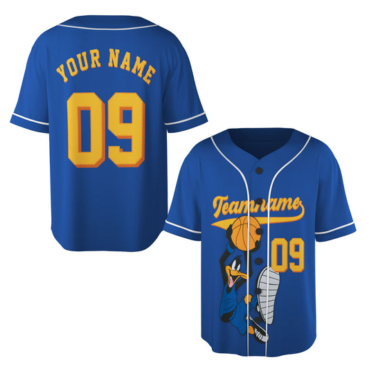 Custom Royal Blue Authentic Baseball Jersey — Cartoon Basketball Duck Button Up Jersey — Retro Sport - Custom Fan Apparel Image 1