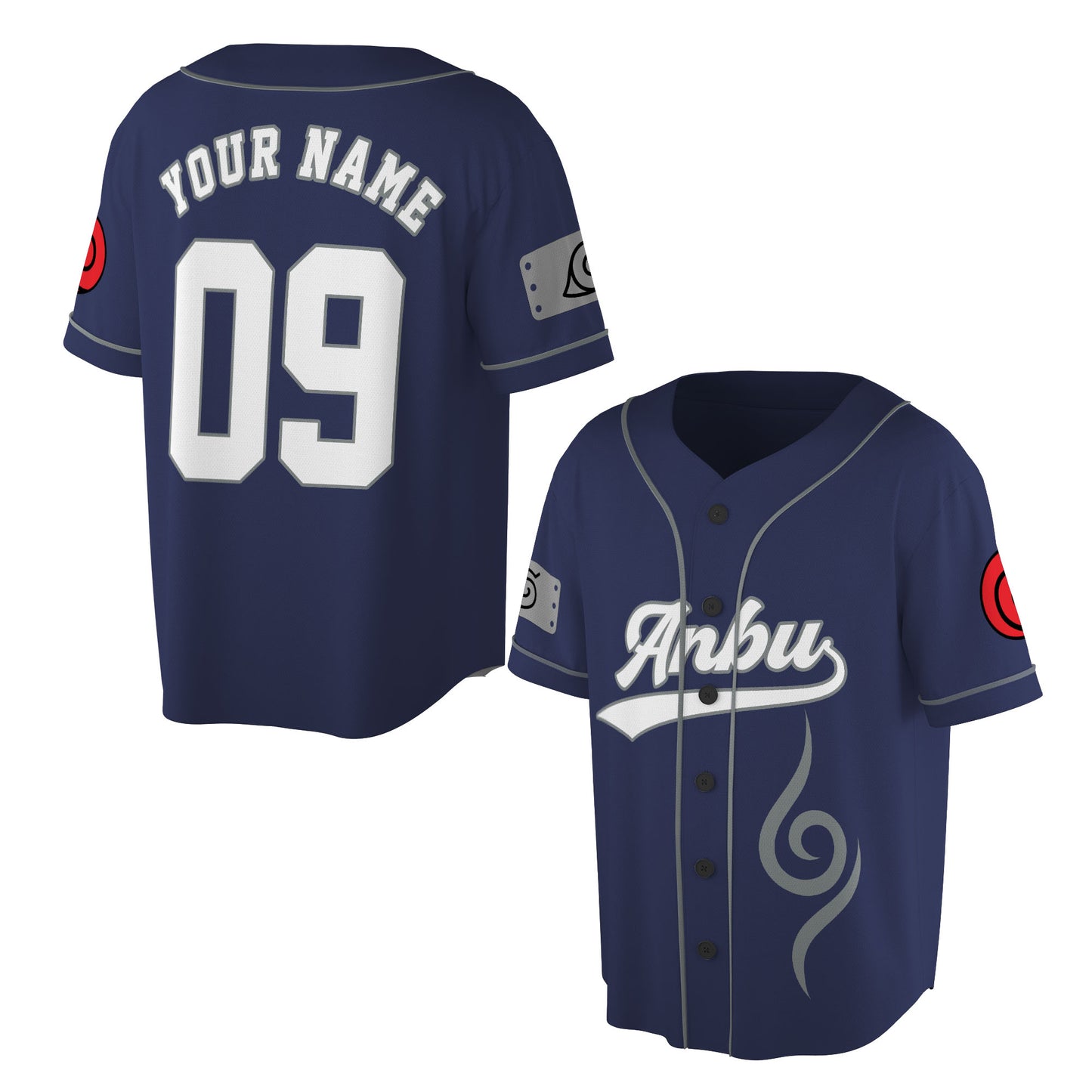 Custom Navy Gray Authentic Baseball Jersey, Anime Ninja Inspired Button Up Jersey, Manga Fan Cosplay Sports Shirt