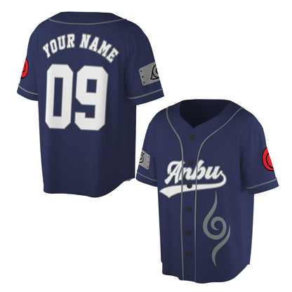 Custom Navy Gray Authentic Baseball Jersey, Anime Ninja Inspired Button Up Jersey, Manga Fan Cosplay Sports Shirt