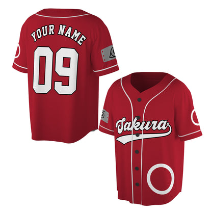 Custom Red White Authentic Baseball Jersey, Anime Ninja Inspired Button Up Jersey, Manga Fan Cosplay Sports Shirt