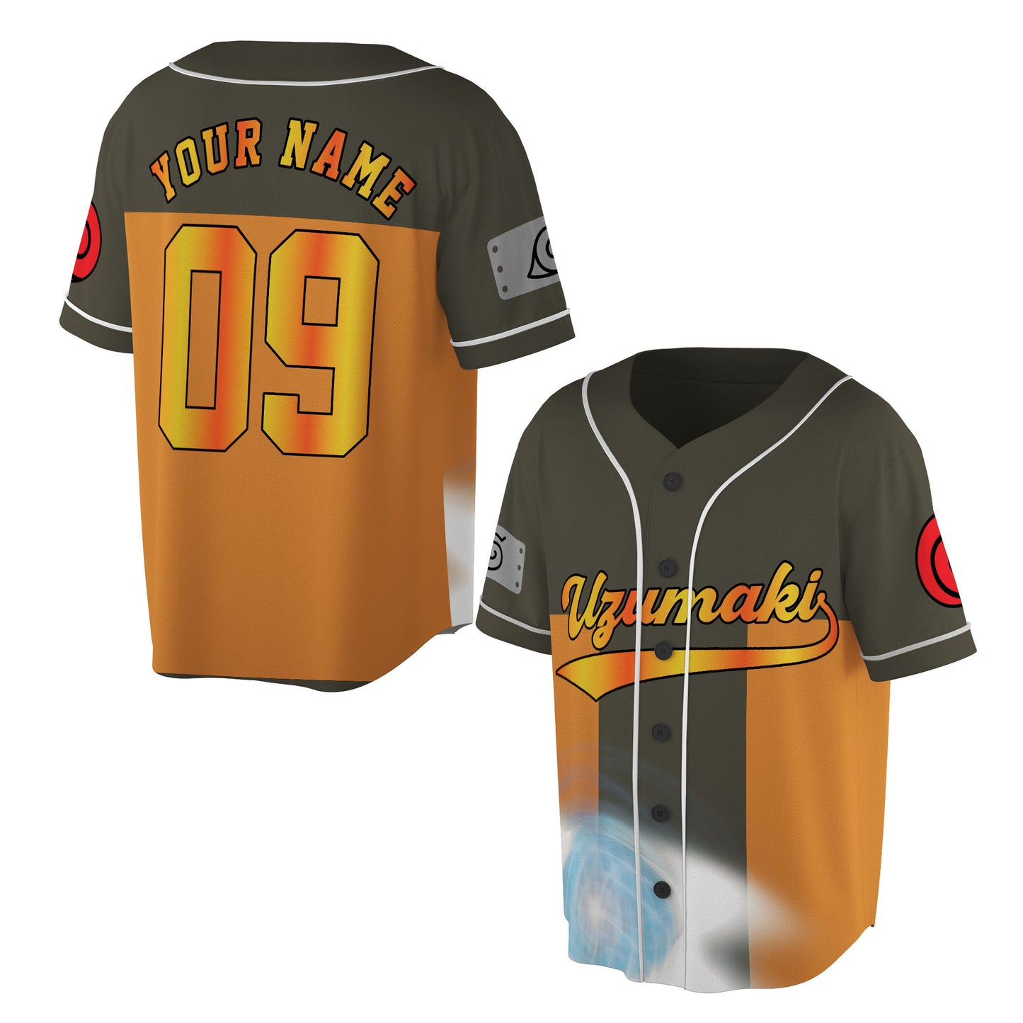 Custom Olive Orange-White Authentic Baseball Jersey, Anime Ninja Inspired Button Up Jersey, Manga Fan Cosplay Sports Shirt