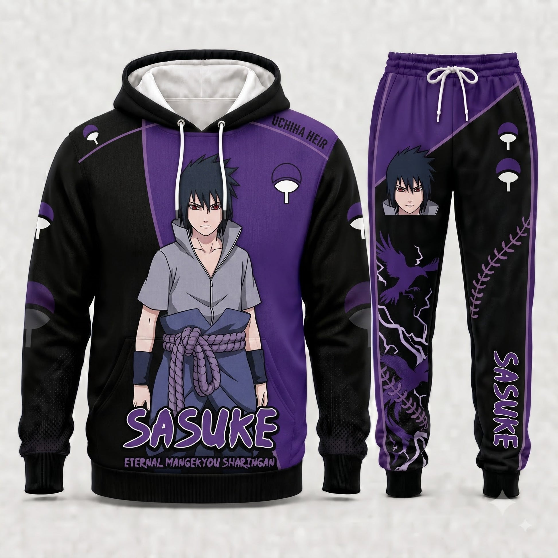 Uchiha Sasuke Hoodie & Sweatpants Tracksuit Set — Naruto Shippuden Inspired - Custom Fan Apparel Image 1