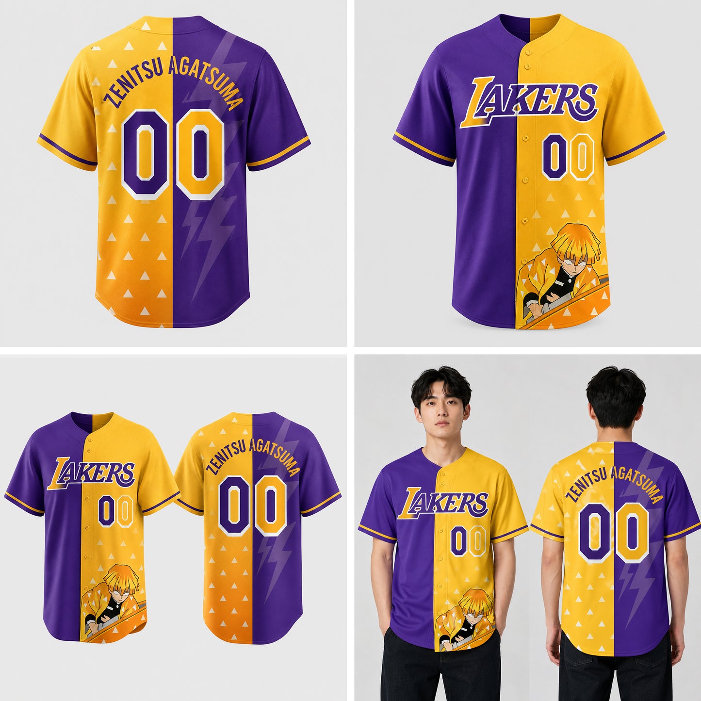 Purple Gold Thunder Fan Jersey, Zenitsu Inspired Baseball Shirt