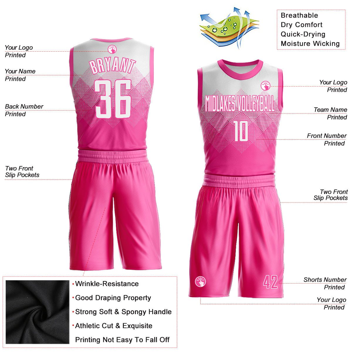 Custom Pink White Round Neck Sublimation Basketball Uniform Jersey