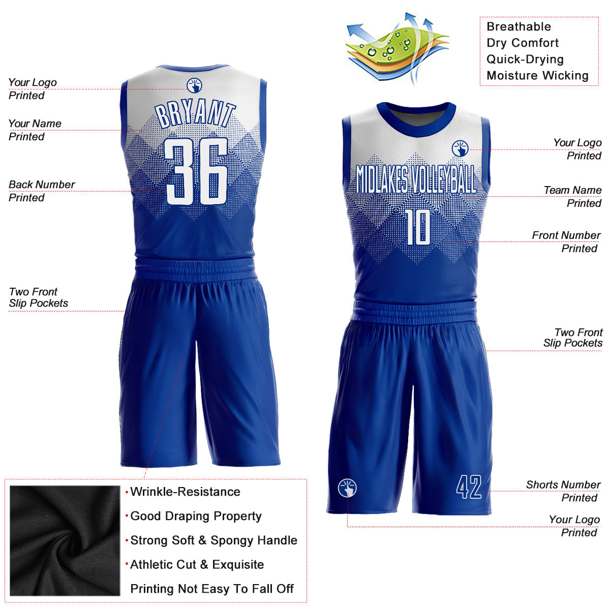Custom Royal White Round Neck Sublimation Basketball Uniform Jersey