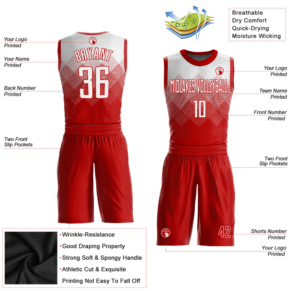 Custom Red White Round Neck Sublimation Basketball Uniform Jersey