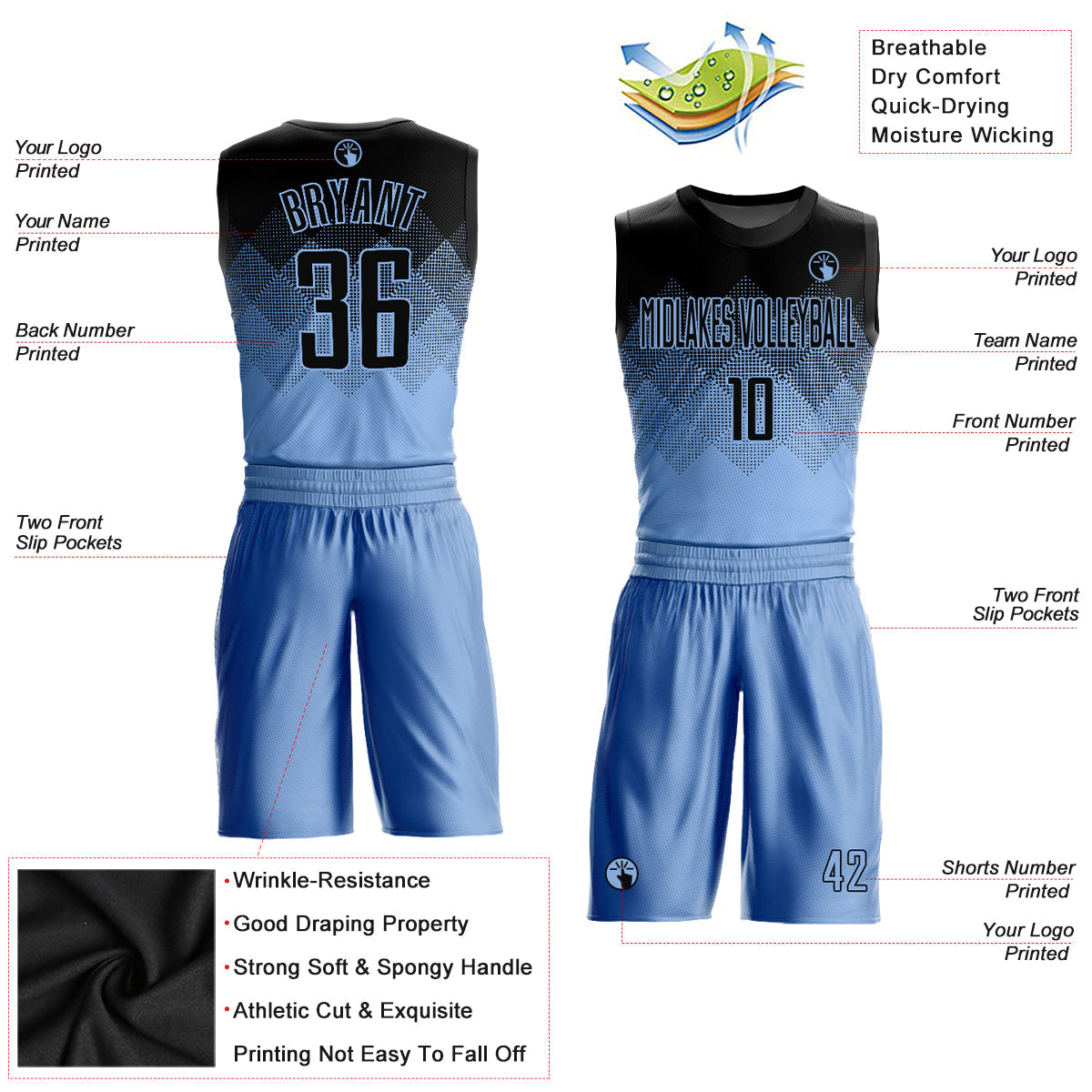Custom Light Blue Black Round Neck Sublimation Basketball Uniform Jersey