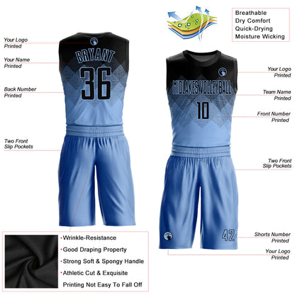 Custom Light Blue Black Round Neck Sublimation Basketball Uniform Jersey