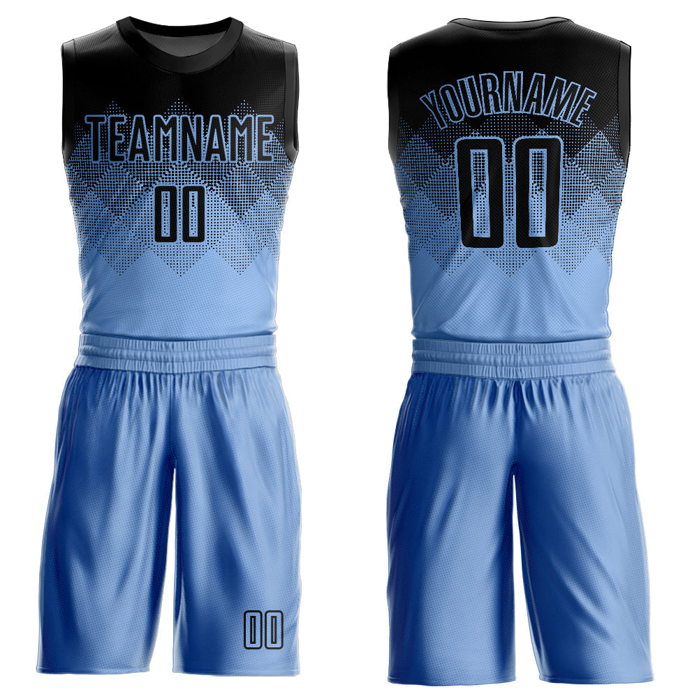 Custom Light Blue Black Round Neck Sublimation Basketball Uniform Jersey