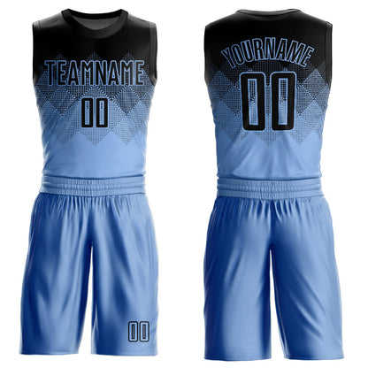 Custom Light Blue Black Round Neck Sublimation Basketball Uniform Jersey