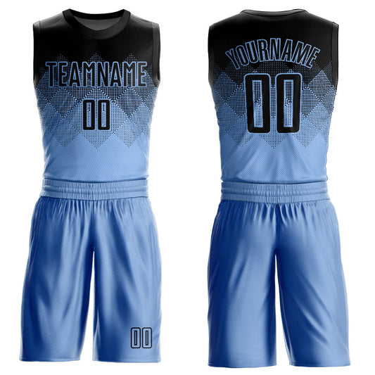 Custom Light Blue Black Round Neck Sublimation Basketball Uniform Jersey