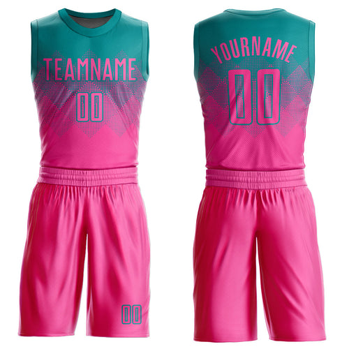 Custom Teal Pink Round Neck Sublimation Basketball Uniform Jersey