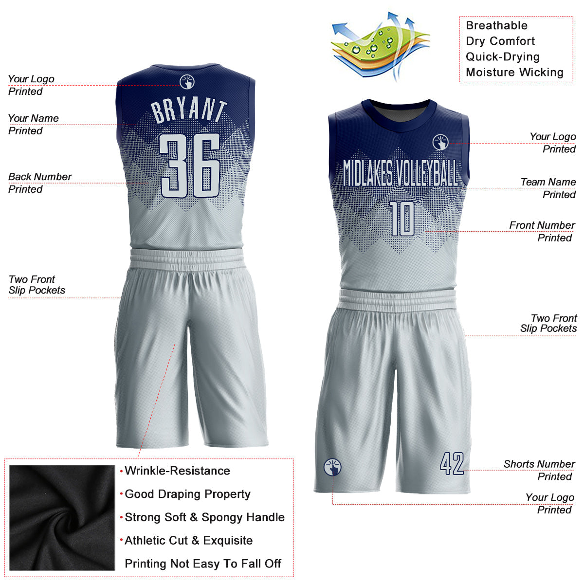 Custom Navy Silver Round Neck Sublimation Basketball Uniform Jersey
