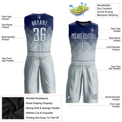 Custom Navy Silver Round Neck Sublimation Basketball Uniform Jersey