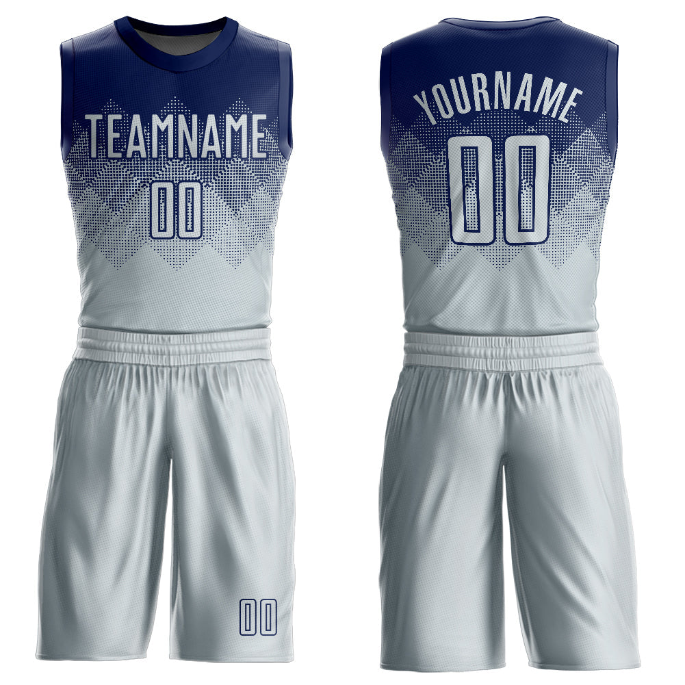 Custom Navy Silver Round Neck Sublimation Basketball Uniform Jersey