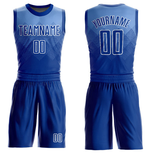 Custom Light Blue Royal-White Round Neck Sublimation Basketball Uniform Jersey
