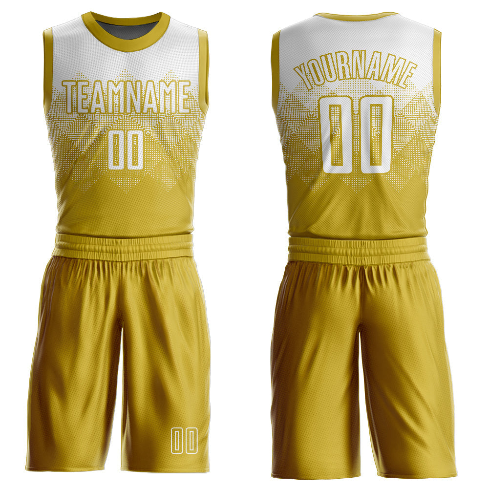 Custom Old Gold White Round Neck Sublimation Basketball Uniform Jersey
