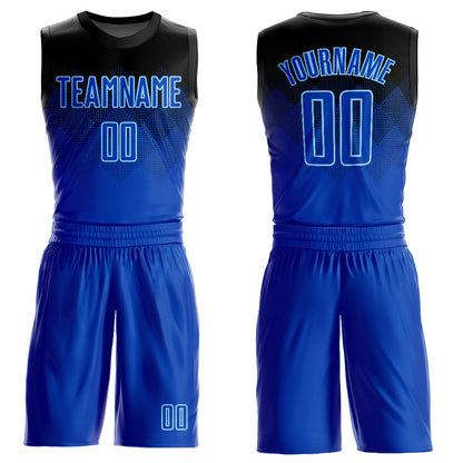 Custom Black Royal-Light Blue Round Neck Sublimation Basketball Uniform Jersey