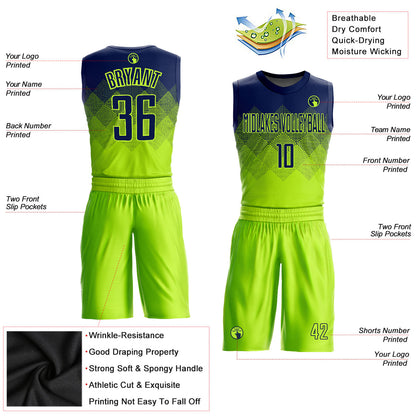 Custom Neon Green Navy Round Neck Sublimation Basketball Uniform Jersey