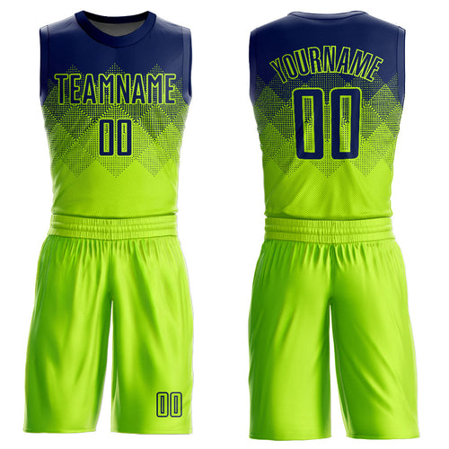 Custom Neon Green Navy Round Neck Sublimation Basketball Uniform Jersey