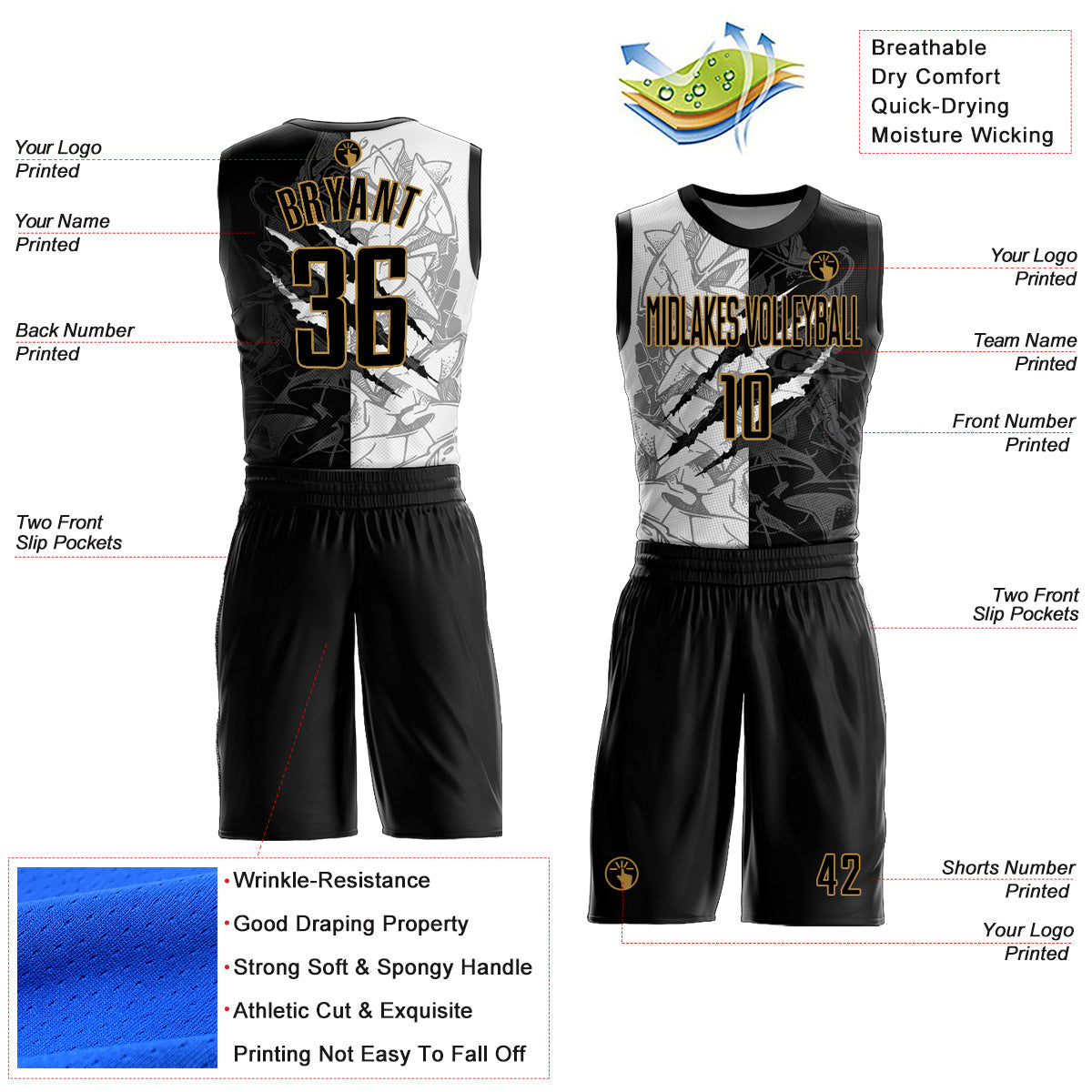 Custom Graffiti Pattern Black-Old Gold Scratch Round Neck Sublimation Basketball Uniform Jersey