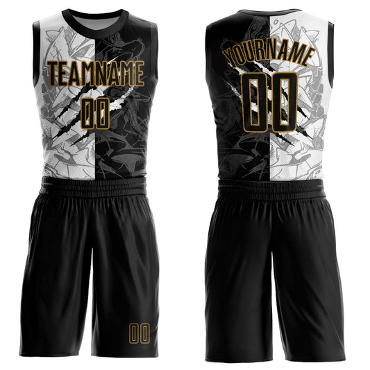 Custom Graffiti Pattern Black-Old Gold Scratch Round Neck Sublimation Basketball Uniform Jersey