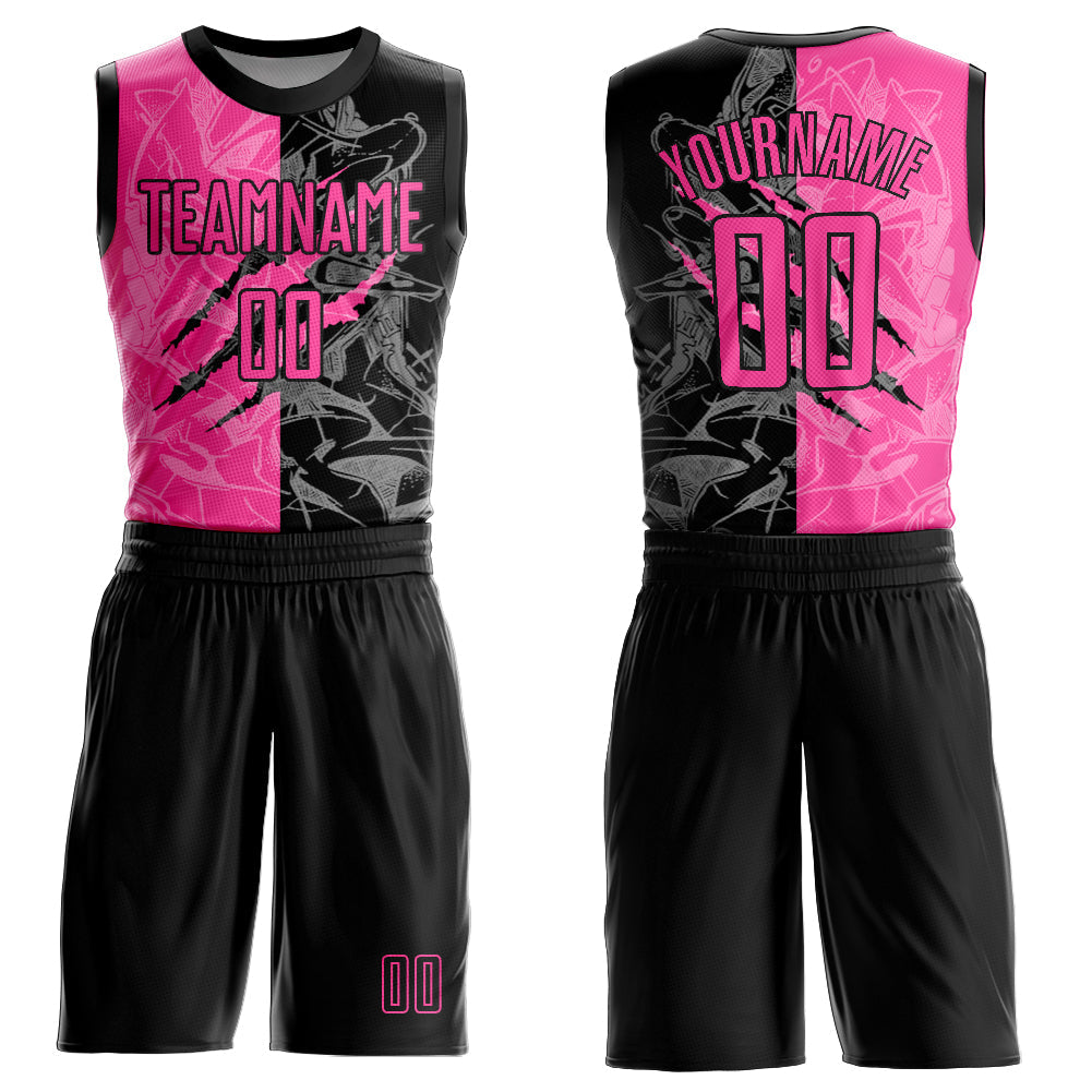 Custom Graffiti Pattern Pink-Black Scratch Round Neck Sublimation Basketball Uniform Jersey