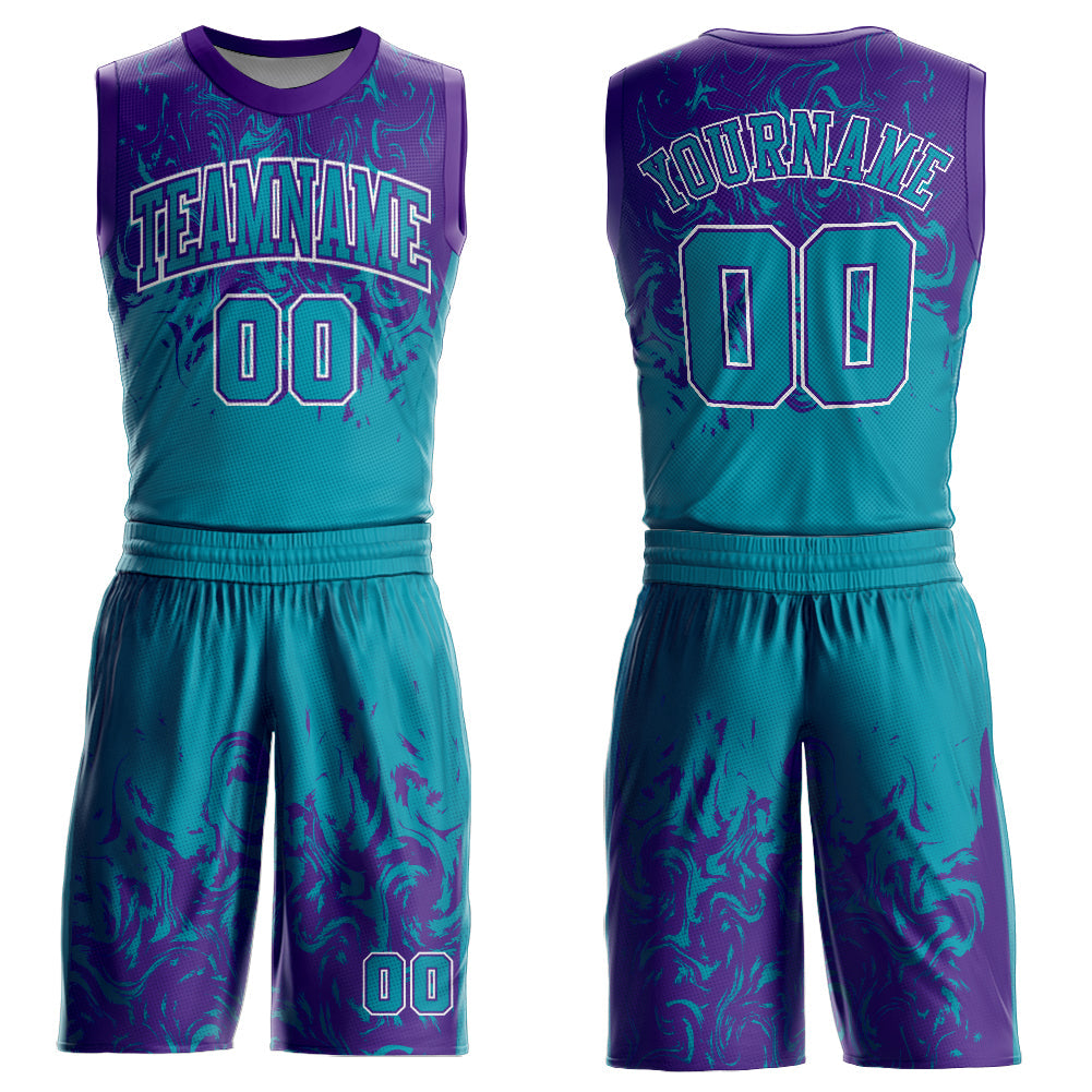 Custom Teal Purple-White Round Neck Sublimation Basketball Uniform Jersey