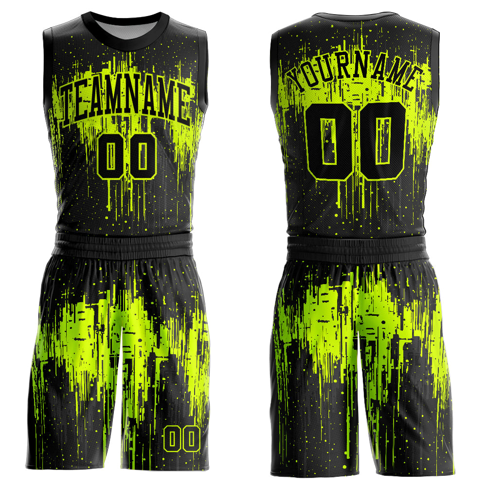Custom Black Neon Green Round Neck Sublimation Basketball Uniform Jersey
