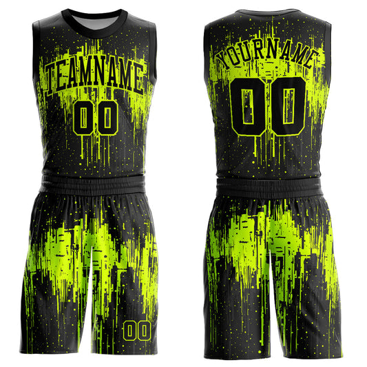 Custom Black Neon Green Round Neck Sublimation Basketball Uniform Jersey