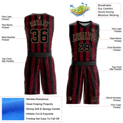 Custom Red Black-Old Gold Round Neck Sublimation Basketball Uniform Jersey