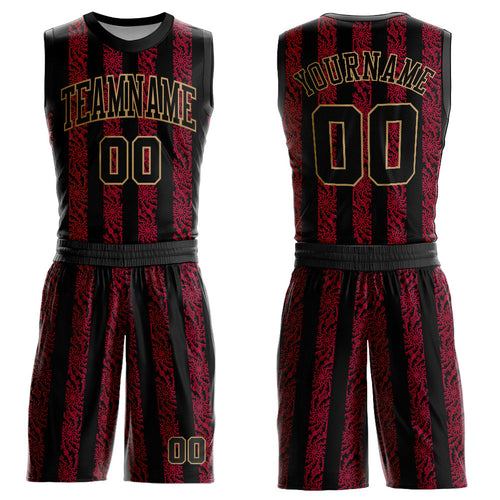Custom Red Black-Old Gold Round Neck Sublimation Basketball Uniform Jersey