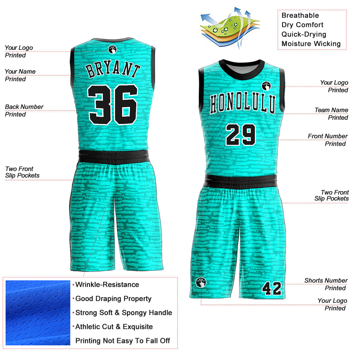 Custom Aqua Black-White Round Neck Sublimation Basketball Uniform Jersey