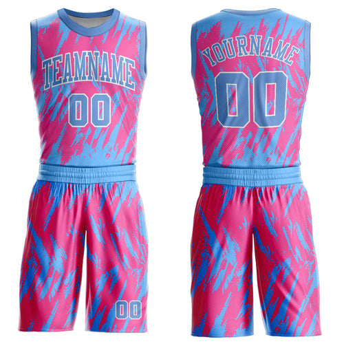 Custom Pink Light Blue-White Round Neck Sublimation Basketball Uniform Jersey