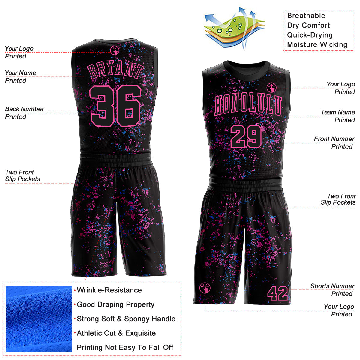 Custom Black Pink Round Neck Sublimation Basketball Uniform Jersey