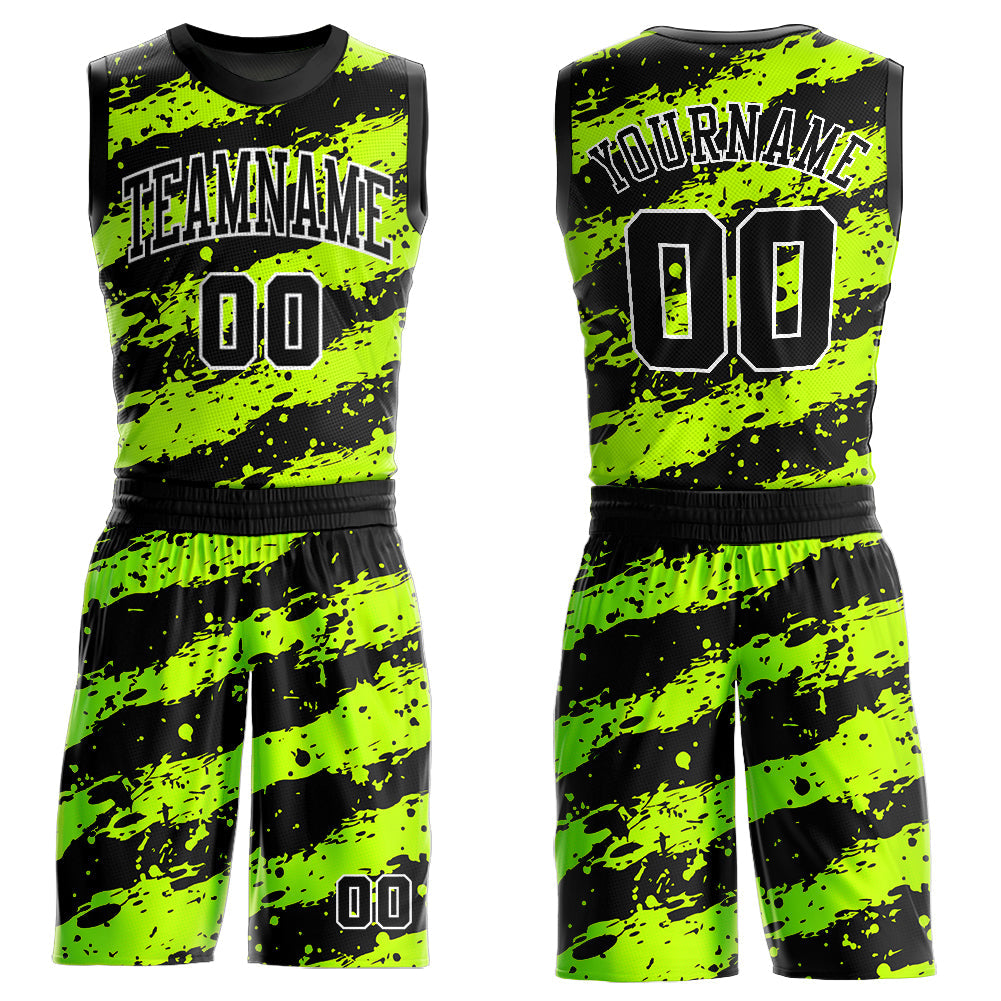 Custom Neon Green Black-White Round Neck Sublimation Basketball Uniform Jersey