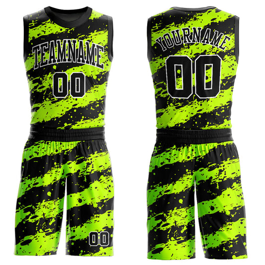 Custom Neon Green Black-White Round Neck Sublimation Basketball Uniform Jersey