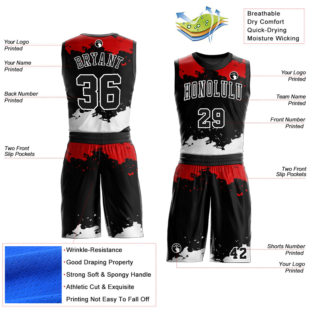 Custom Black Red-White Round Neck Sublimation Basketball Uniform Jersey