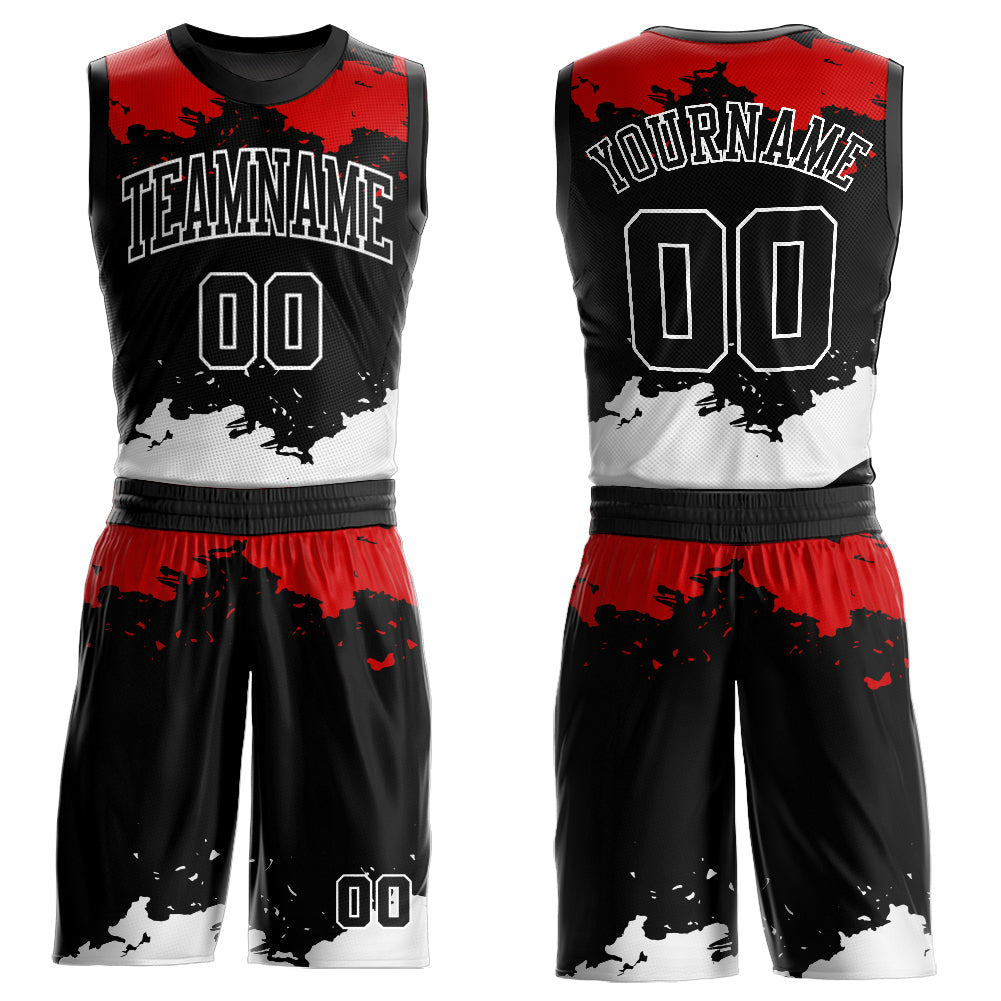 Custom Black Red-White Round Neck Sublimation Basketball Uniform Jersey