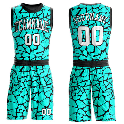 Custom Aqua White-Black Round Neck Sublimation Basketball Uniform Jersey