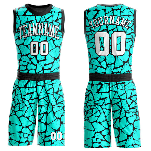 Custom Aqua White-Black Round Neck Sublimation Basketball Uniform Jersey